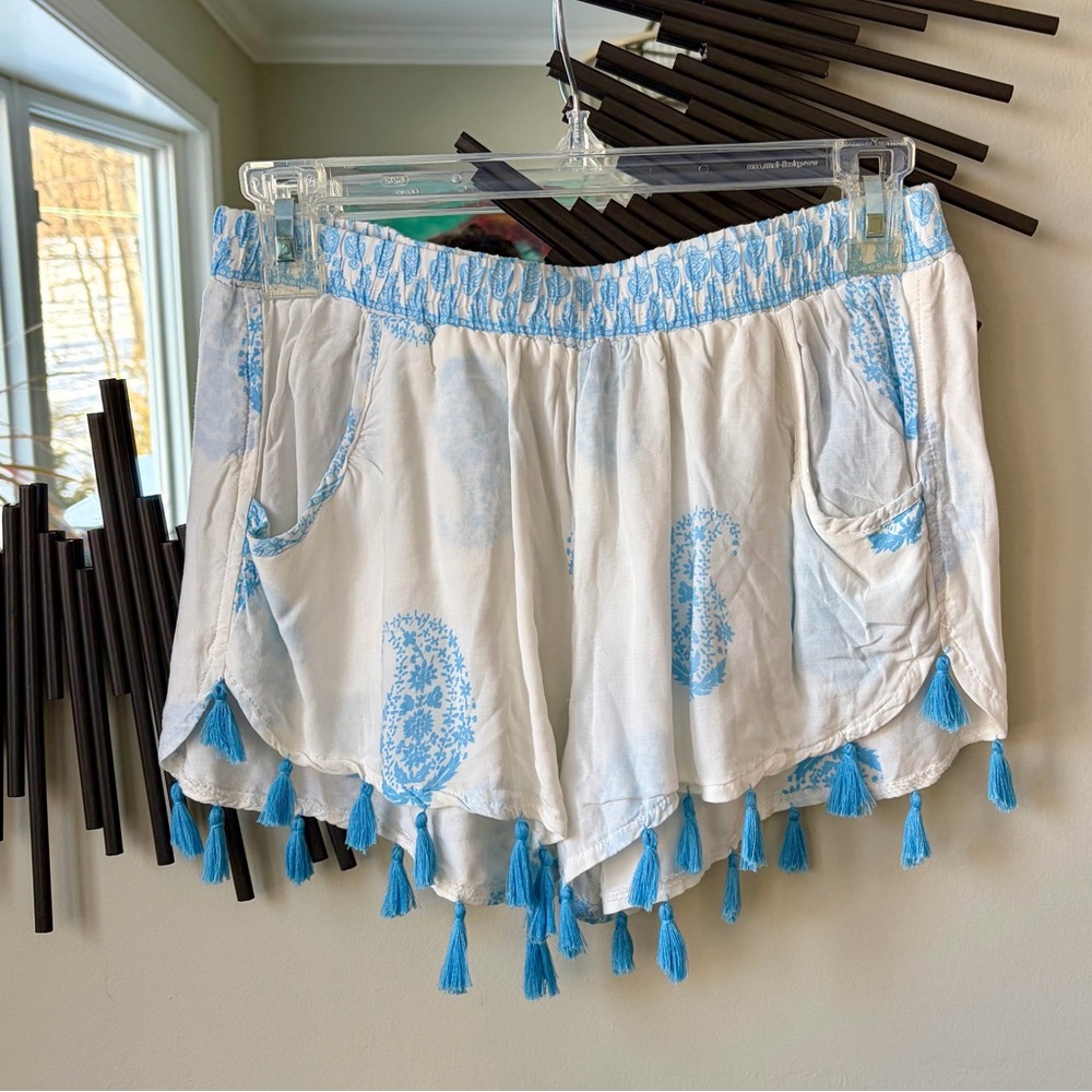 Surf Gypsy White Blue Tassel Trimmed  Shorts